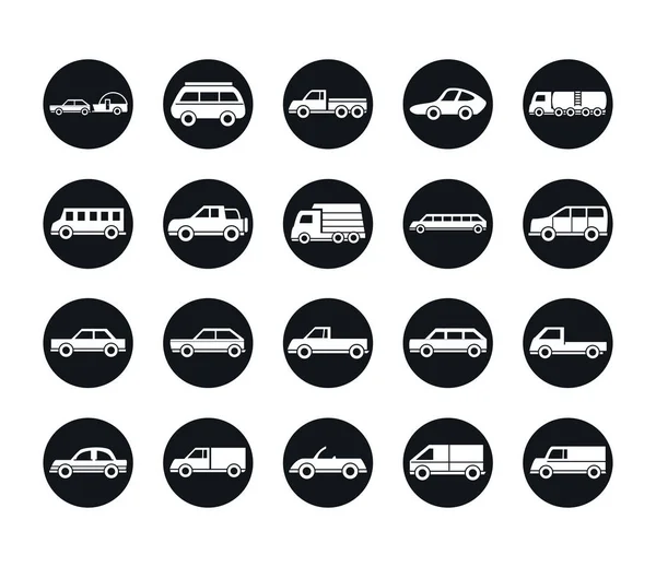 Modello di auto viaggio autobus camion trasporto veicolo silhouette stile icone set design — Vettoriale Stock