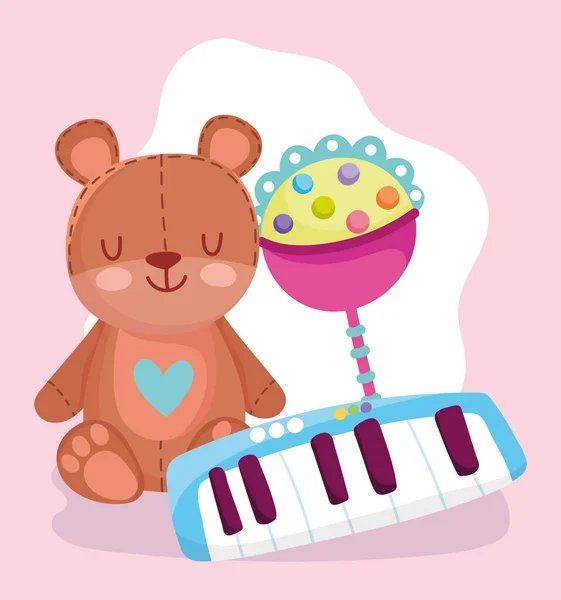 Игрушки объект для маленьких детей, чтобы играть мультфильм, плюшевый медведь погремушка и фортепиано клавиатура — стоковый вектор