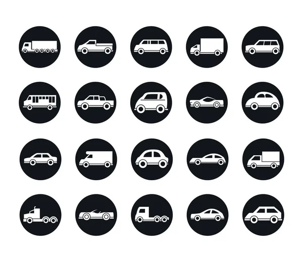 Αυτοκίνητο μοντέλο sedan SUV pickup φορτηγό όχημα μεταφοράς σιλουέτα στυλ εικονίδια σύνολο σχεδιασμό — Διανυσματικό Αρχείο