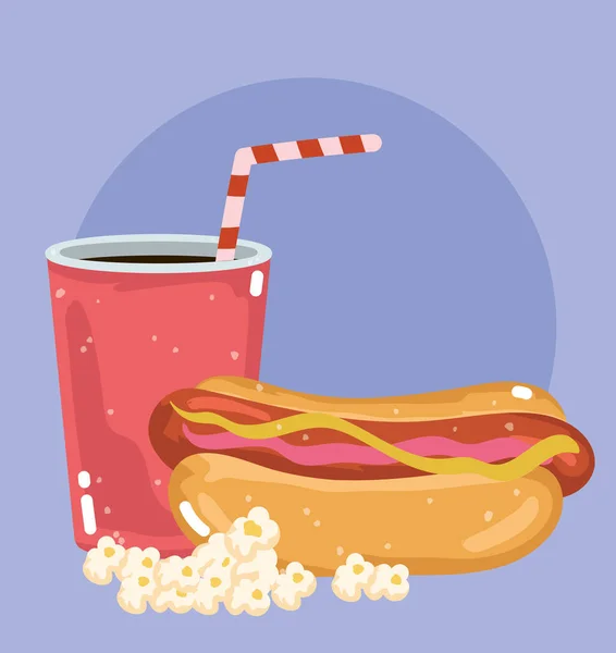 Gyorsétterem étterem egészségtelen hot dog szóda és popcorn — Stock Vector