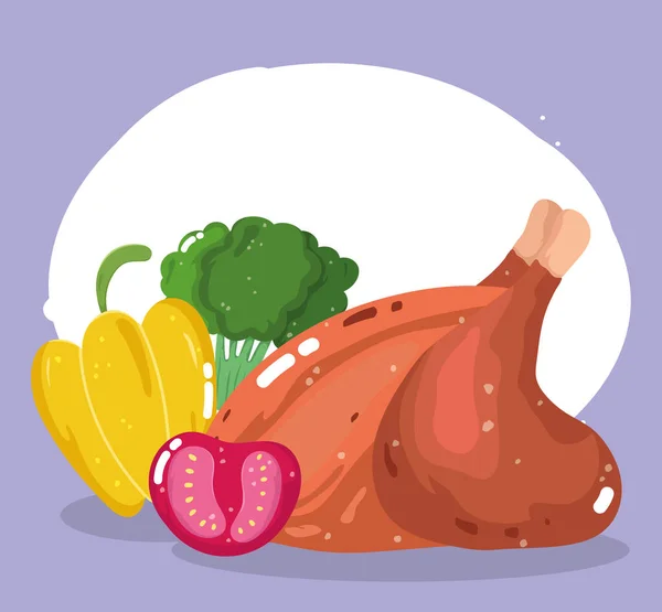 Mat middag meny färska grillad kyckling peppar broccoli och tomat — Stock vektor