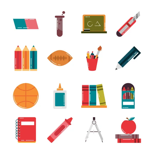 School education supply class stationery flat style icons set — Stock Vector