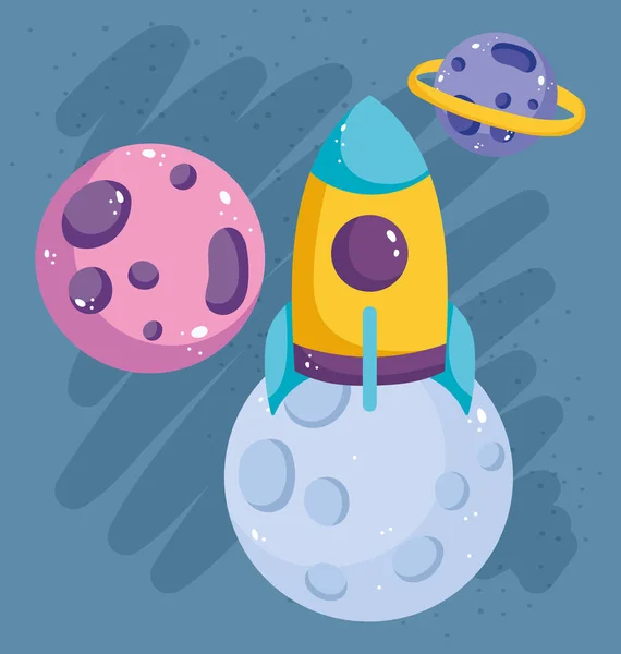 Cartoon flying rocket and planets solar system galaxy — Stock Vector