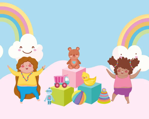Παιχνίδια αντικείμενο για τα μικρά παιδιά να παίξουν κινούμενα σχέδια, χαρούμενα κορίτσια με πάπια αρκούδα φορτηγό μπάλα ρομπότ μπάλα και κύβους — Διανυσματικό Αρχείο