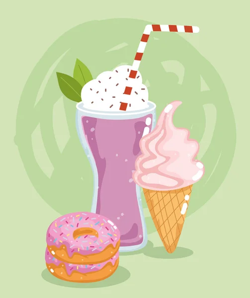 Snabbmatsmeny restaurang ohälsosam milkshake glass och söta munkar — Stock vektor