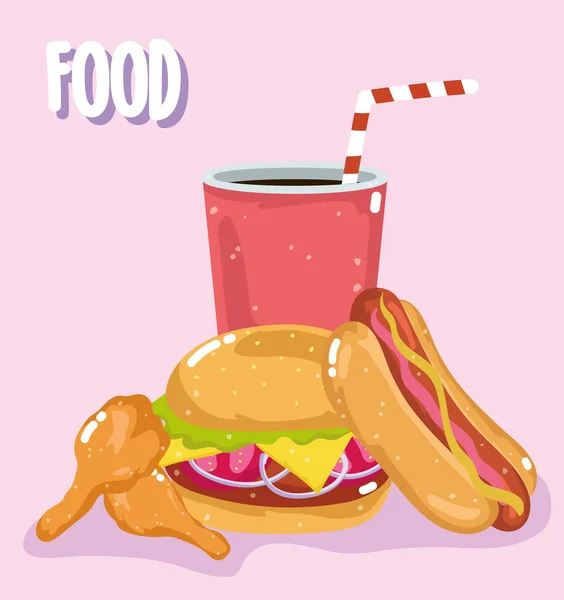 Menu fast food ristorante hamburger malsano pollo e soda — Vettoriale Stock
