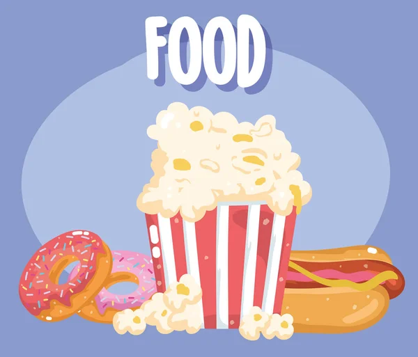 Fast food menu restauracja niezdrowy popcorn hot dog i pączki — Wektor stockowy