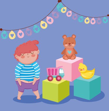 Oyuncak, küçük çocukların çizgi film oynaması için nesne ördek ayı kamyonlu ve küplü küçük çocuk.