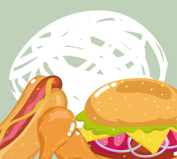 Comida rápida hamburguesa pollo y hot dog menú restaurante poco saludable — Vector de stock