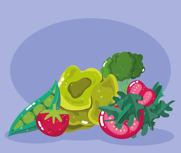 Alimentos alimentação saudável vitamina fresca vegetais orgânicos ervilhas brócolis tomate e alface — Vetor de Stock
