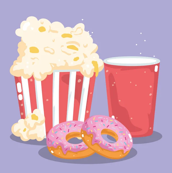 Fast food menu restauracja niezdrowe jedzenie soda filiżanka popcorn i pączki — Wektor stockowy