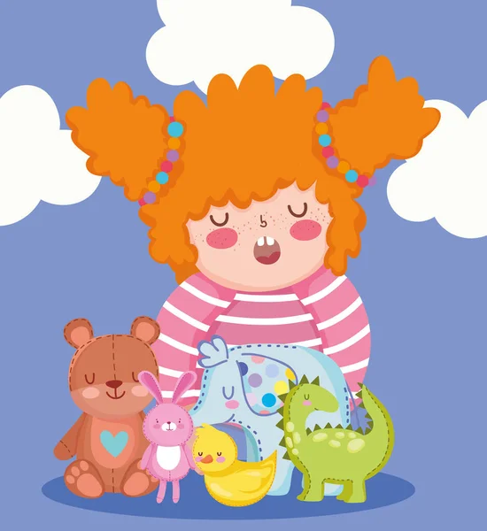 Іграшковий об'єкт для маленьких дітей, щоб грати в мультфільм, маленька дівчинка з милим ведмедем кроликом динозавр слон і качка — стоковий вектор