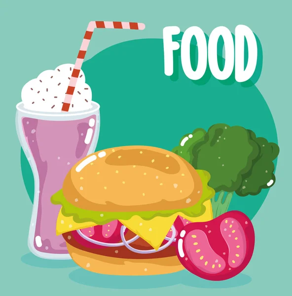 Snabbmatsmeny restaurang ohälsosam burgare milkshake tomat och broccoli — Stock vektor