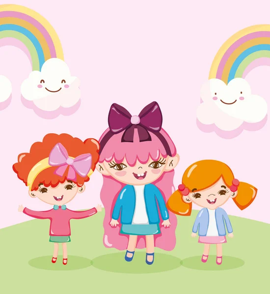 Feliz lindo niñas con arco iris paisaje de dibujos animados — Archivo Imágenes Vectoriales