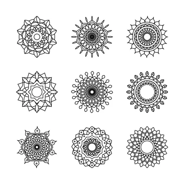 Μαντάλα διακόσμηση στολίδι λουλούδι μοτίβο έθνικ ανατολίτικο στυλ γραμμή σύνολο εικονίδιο — Διανυσματικό Αρχείο