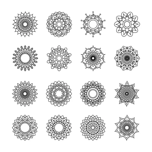 Mandala dekoráció dísz virág motívum etnikai keleti vonal stílus ikon készlet — Stock Vector