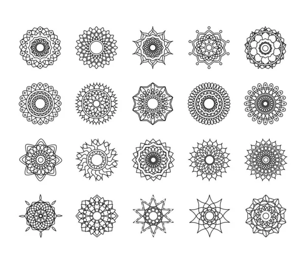 Μαντάλα διακόσμηση στολίδι λουλούδι μοτίβο έθνικ ανατολίτικο στυλ γραμμή σύνολο εικονίδιο — Διανυσματικό Αρχείο