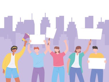 protestocular, erkekler ve kadınlar bir arada ve boş afiş taşıyorlar.