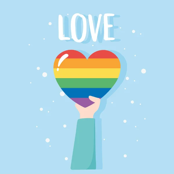 LGBTQ komunita, ruku v ruce s duhovým srdcem gay průvod sexuální diskriminace protest — Stockový vektor