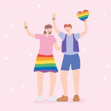 LGBTQ topluluğu, gökkuşağı kalpli mutlu erkek ve kadın, eşcinsel geçit töreni cinsel ayrımcılık protestosu