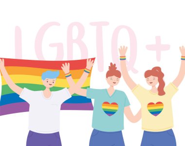 LGBTQ topluluğu, lezbiyenler ve gökkuşağı bayrağı taşıyan adam, eşcinsel cinsel ayrımcılık protestosu