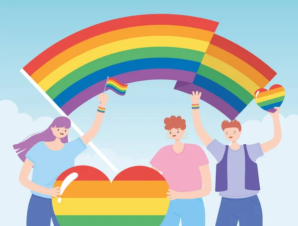 HBTQ community, karaktärer med regnbågens hjärta och flaggor, homosexuell parad sexuell diskriminering protest — Stock vektor