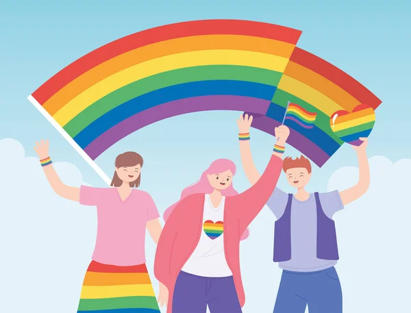 Persone che detengono bandiere LGBTQ sostengono la comunità, sfilata gay discriminazione sessuale protesta — Vettoriale Stock