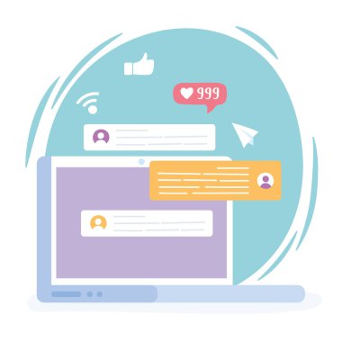 laptop web sitesi sohbet ve mesaj baloncukları, sosyal ağ iletişim sistemi ve teknolojileri