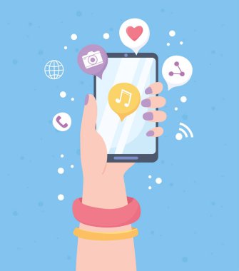 Mobil müzik uygulaması olan kadın eli sosyal ağ iletişim sistemi ve teknolojileri