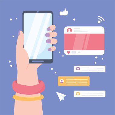 Akıllı telefon sohbet baloncukları, sosyal ağ iletişim sistemi ve teknolojileri olan kadın eli