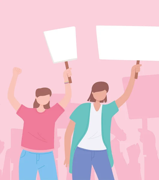 Protesto eylemcileri, pankart mesajı devrimi yapan genç kadınlar. — Stok Vektör