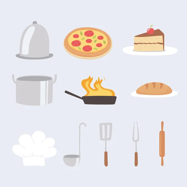 Comida cocina pizza pan pastel utensilios e iconos sombrero de chef — Vector de stock