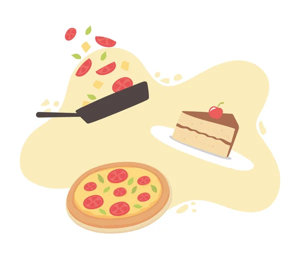Pedaço de comida bolo pizza e panela com desenhos animados de alimentos —  Vetores de Stock