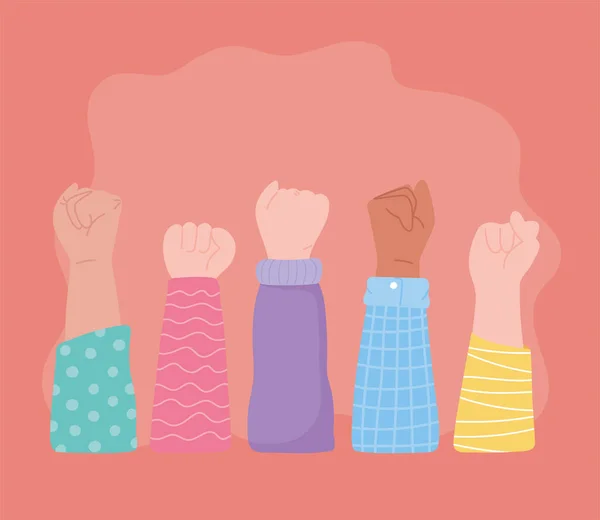 Manifestation protest activists, raised up hands demonstrate power — Stock Vector