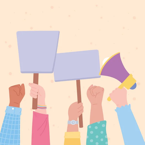 Manifestation protest activists, raised up hands demonstration picket with megaphone and signboards — Stock Vector