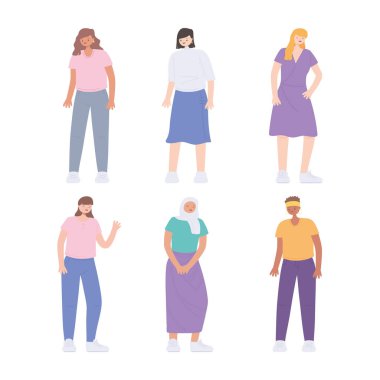 Çeşitli çok ırklı ve çok kültürlü insanlar, çeşitlilik gösteren genç kadın grup çizgi filmi