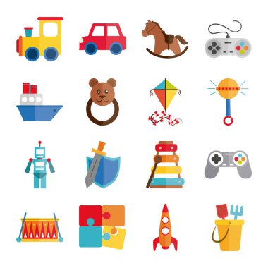 çizgi film oyuncak tren kontrol teknesi uçurtma, küçük çocuklar oynamak için nesne, düz stil simgeler set