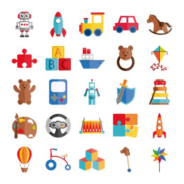 oyuncak oyuncak robot roket tren yapboz robot fırıldak, küçük çocukların oynaması için nesne, düz stil simgeler seti