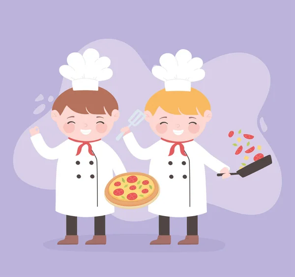 Chef-koks jongens cartoon karakter met pizza en salade in steelpan — Stockvector