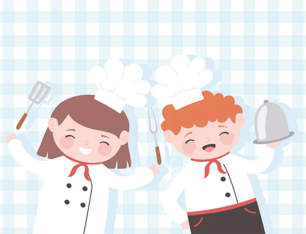 Chefs chica y niño dibujos animados con tenedor de plato y espátula mantel fondo — Vector de stock