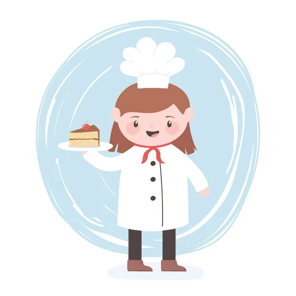 Vrouwelijke chef-kok cartoon karakter met plak taart in schotel — Stockvector