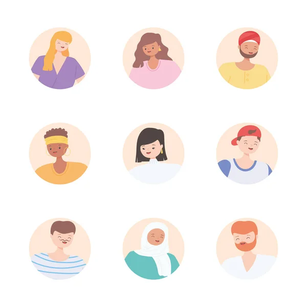 Diverse multirassische und multikulturelle Menschen, runde Blocksymbole Gesichter Diversität Personen — Stockvektor