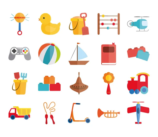 Cartoon toy rattle duck bucket abacus helicopter boat plane, object for small children to play, flat style icons set — Stock Vector