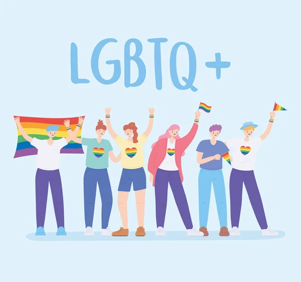 Comunidad LGBTQ, gente abrazada sosteniendo una bandera del arco iris, desfile gay protesta por discriminación sexual — Vector de stock