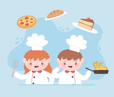 Şefin oğlu ve kız çizgi film karakteri pizza ekmeğiyle