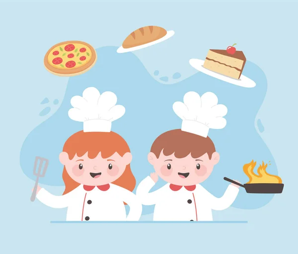 Chef-koks jongen en meisje cartoon karakter met pizza taart brood — Stockvector