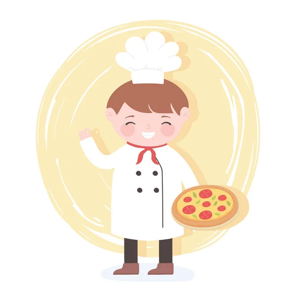 Séf rajzfilm karakter gazdaság pizza a kezében — Stock Vector