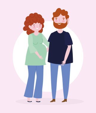 aile üyesi hamile kadın ve erkek çizgi film karakteri