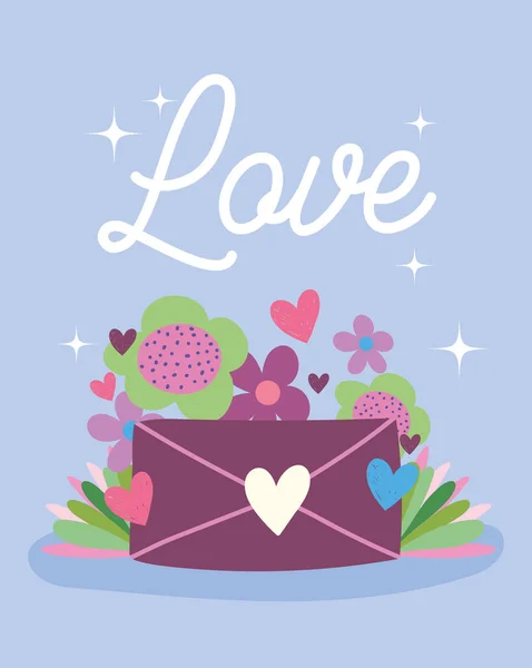 Amor correo sobre flores corazones románticos dibujos animados diseño de tarjetas — Vector de stock