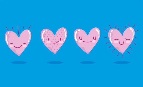 Amor corazones románticos personajes de dibujos animados fondo azul — Vector de stock